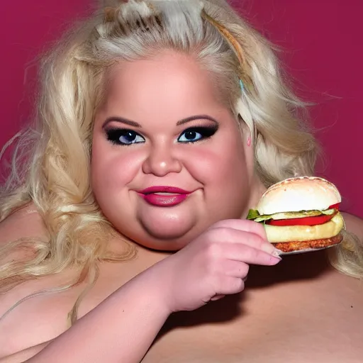 Image similar to a medium shot photo of trisha paytas extremely obese with a hamburger in her hand,8k, DSLR, highly detailed skin, highly detailed hands