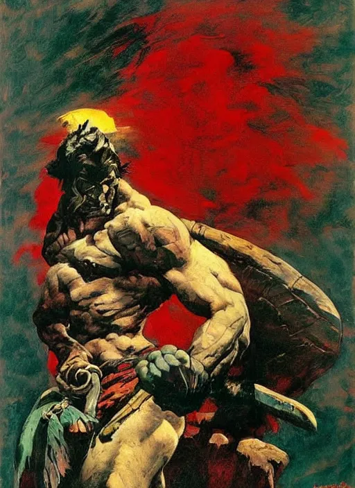 Image similar to portrait of barbarian on mountain, coherent! by mariusz lewandowski, by frank frazetta, deep color, strong line, red green black teal, high contrast