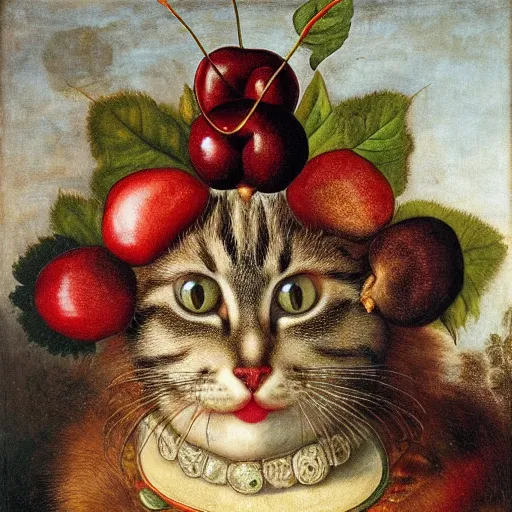 Prompt: a cat head made out of cherries by giuseppe arcimboldo, oil on canvas