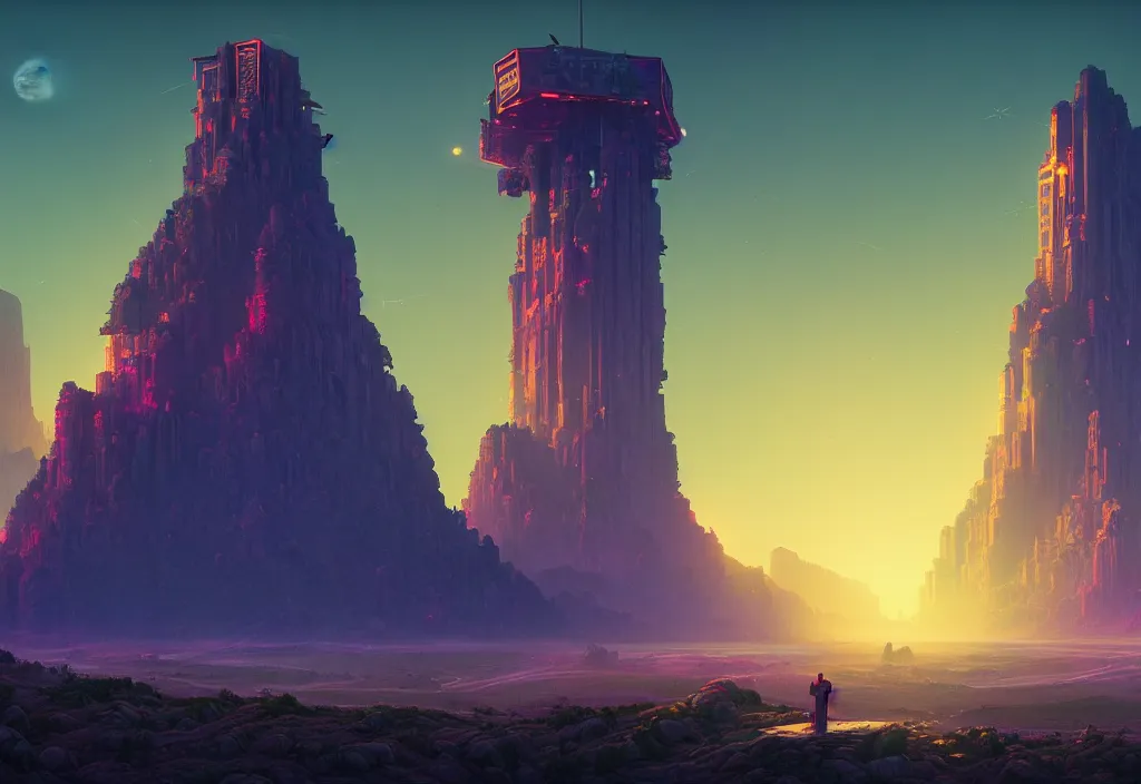 Image similar to dramatic epic stunning beautiful and insanely detailed matte painting of a hexagon tower, lens flares, atmospheric and vaporwave composition, digital art by Kilian Eng and Simon Stalenhag, masterpiece, fantastic, octane render, 8K HD Resolution, High quality image