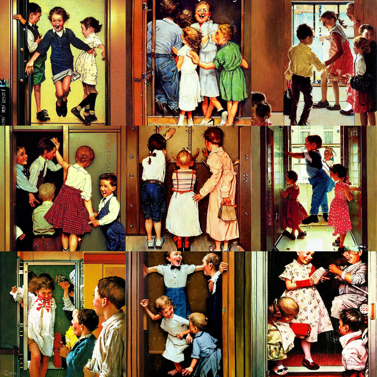 Prompt: joyful children playing on an elevator oil painting by Norman Rockwell