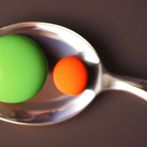 Prompt: still life photography of a skittle in a spoon