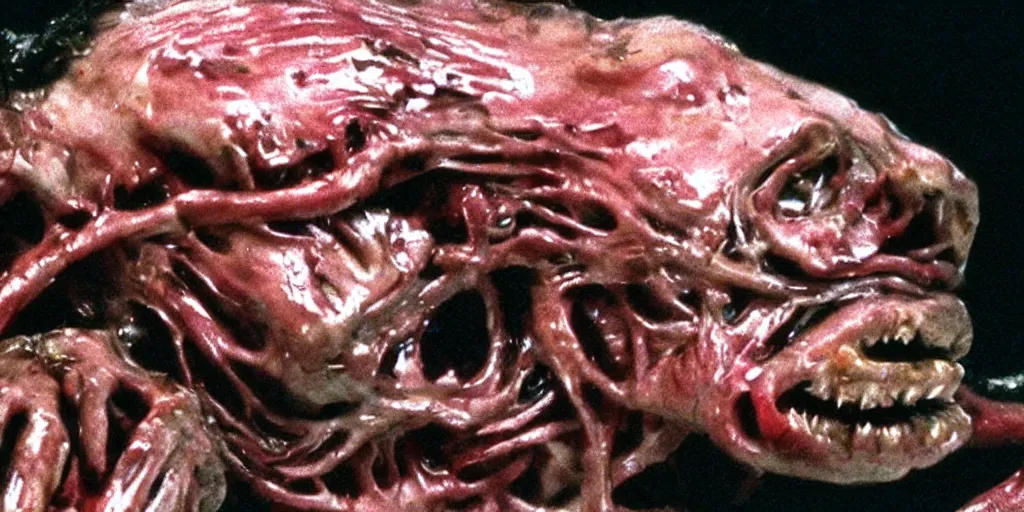 Image similar to filmic close up dutch angle movie still 35mm film color photograph of the snarling distorted deformed human face of a mutated abstract shape shifting organism made of human internal organs, disgusting dissected human tissue with a variety of grotesquely randomly strewn together animal limbs, in the style of a horror film The Thing 1982