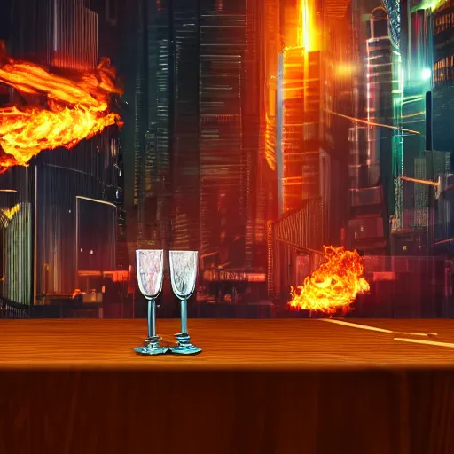 Prompt: in the foreground two glasses of alcohol placed on a table in the background a cyberpunk city in flames, realistic, high definition, 4K, shimmering color, symmetrical face, hyper detailed, art of unreal engineering 5