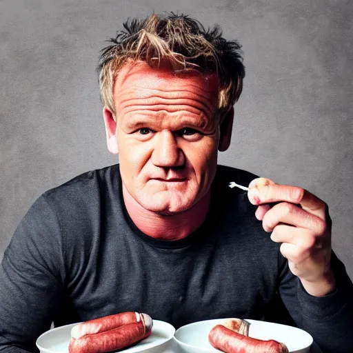 Image similar to gordon ramsey eating sausages with sauce and not liking it, high quality photograph, photorealist F1.8