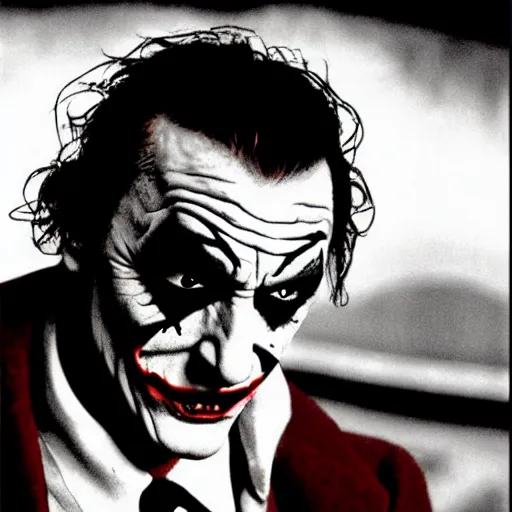 Prompt: Salvador Dali as the joker in dark knight , very realistic! looks at the camera, backlight cinematic dull colors medium close shot from the batman dark knight