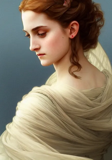 Image similar to sansa emma watson, intricate, elegant, highly detailed, digital painting, artstation, concept art, smooth, sharp focus, illustration, art by artgerm and greg rutkowski and alphonse mucha and william - adolphe bouguereau