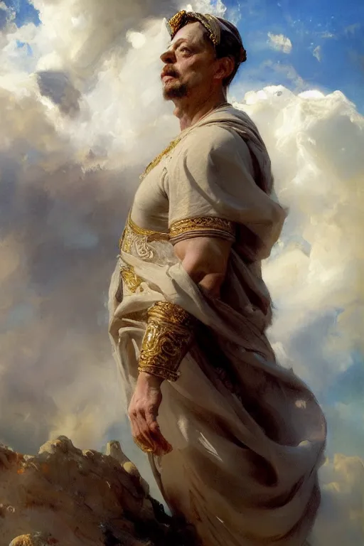 Image similar to beautiful detailed expressive impressionistic oil painting portrait of ancient roman god emperor steve buscemi ascending into the clouds wearing the civic crown, renaissance painting, art by anders zorn, wonderful masterpiece by greg rutkowski, expressive brush strokes, beautiful cinematic light, american romanticism by greg manchess, jessica rossier