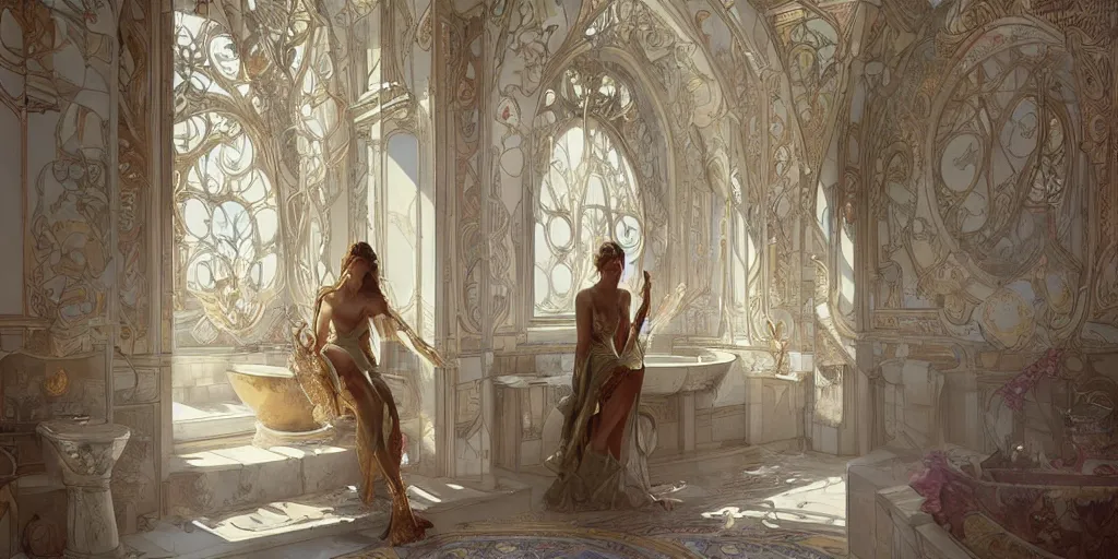 Image similar to in the bathroom of an incredible palace with the beautiful Natalia Vodianova, greg rutkowski and alphonse mucha, matte painting, artstation, illustration