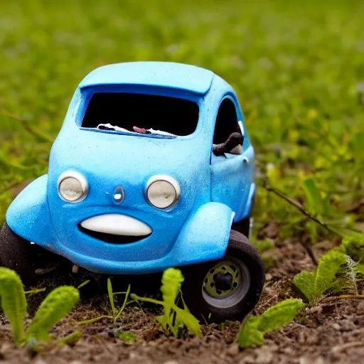 Prompt: an old cozy coupe toy car, abandoned on the side of the road. weeds are overgrown and the eyes on the car look slightly angry. the wheels seem to be turning into hands. black and white photo. surrealism.