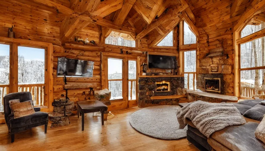 Image similar to empty interior of cozy, rustic small cabin, warm, outside winter landscape