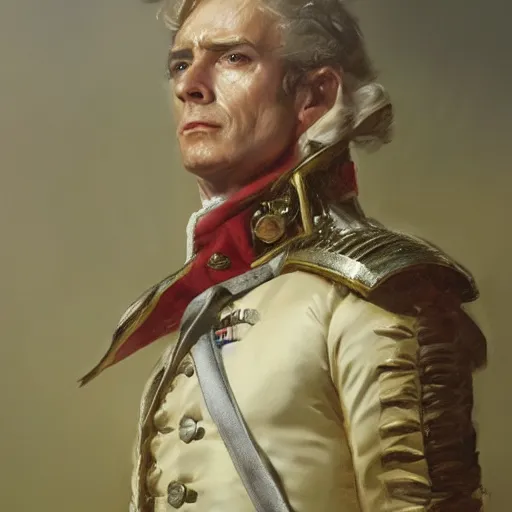 Image similar to a dramatic epic ethereal portrait of a general in French revolutionary wars, 18th century,, full body with dynamic pose, male, detailed face, cinematic lighting, highly detailed oil on canvas painting by Greg Rutkowski, winning-award digital art trending on Artstation H 1024 W 832