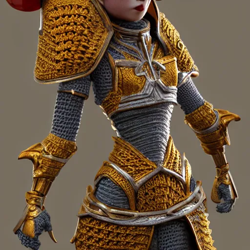 Prompt: A poppet paladin, trending on artstation, highly detailed, 8k, beautiful, dynamic lighting, detailed face, ornate armor, crochet skin