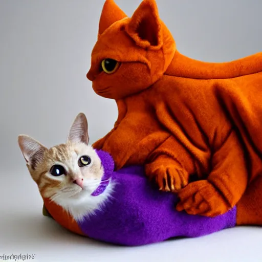 Prompt: purple dragon snuggling orange tabby cat, orange tabby hugging tiny dragon