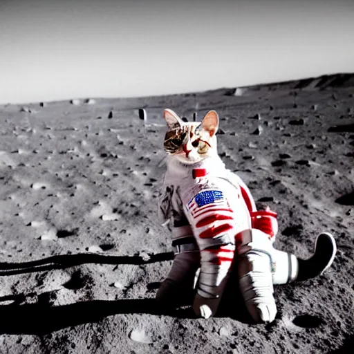 Prompt: cat wearing astronaut suit on the moon planet earth in the background sigma 1 4 mm f / 1. 8