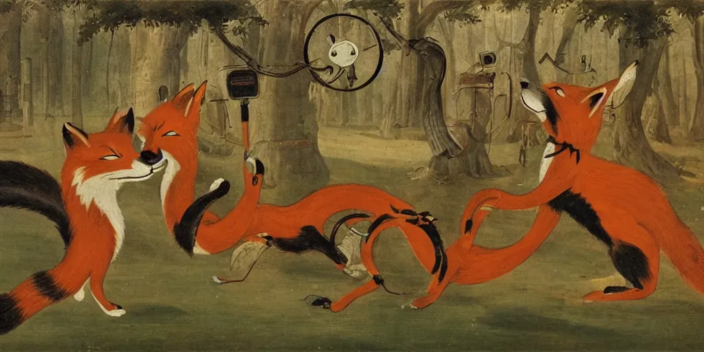 Image similar to anthropomorphic fox fighting a mechanical monster, 1 9 th century painting