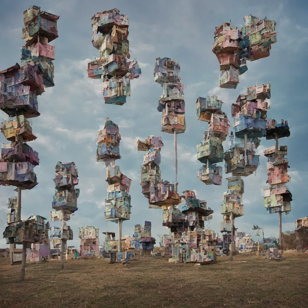 Prompt: scattered towers suspended on a quagmire made up of makeshift squatter shacks with pastel colours, mamiya, f 1 1, uniform plain sky, fine details, photographed by julie blackmon and nick knight