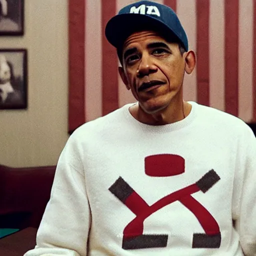 Prompt: riverdale still of obama wearing suspenders, an off white sweater with a varsity letter r, and a propeller cap