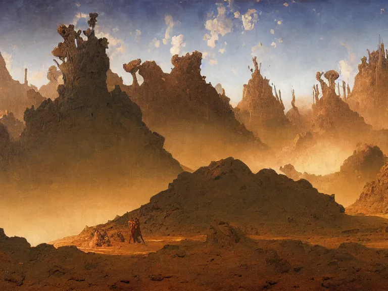 Prompt: an oil painting of a volcanic spring on an alien planet with crators and rocks. on a beautiful morning by beksinski carl spitzweg and tuomas korpi. baroque elements, full-length view. baroque element. intricate artwork by caravaggio. Trending on artstation. 8k