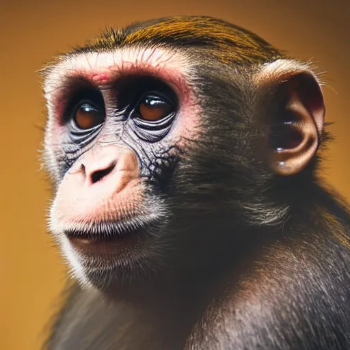 Image similar to high quality portrait of a monkey wearing black suit, studio photograph, photograph, realistic photo, 8k photo, 4k photo, stock photo, high resolution, cinematic shot, high detail