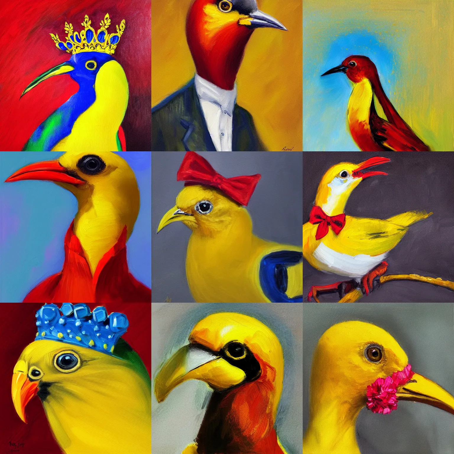 Prompt: a portrait of an elegant royal yellow bird wearing a crown and a red bow tie, oil painting, impressionism, vibrant, colorful, sharp strokes, high quality