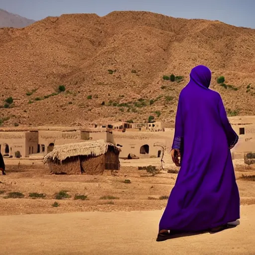 Image similar to low shot photo of feminine and lean arab woman wearing a long purple dress, wearing burqa, strutting, with najdi mud houses in the background, in the style of annie leibovitz amd steve meiele