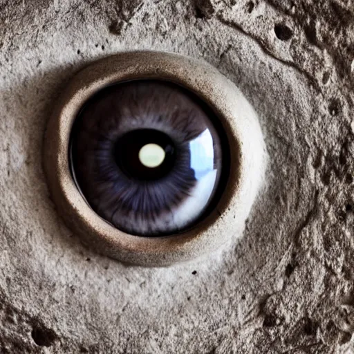 Image similar to close - up museum photo of sculpture of an ancient stone eye, almond shape, the white limestone sclera, the black stone pupil, greece, rome, studio lighting, professional, promo,