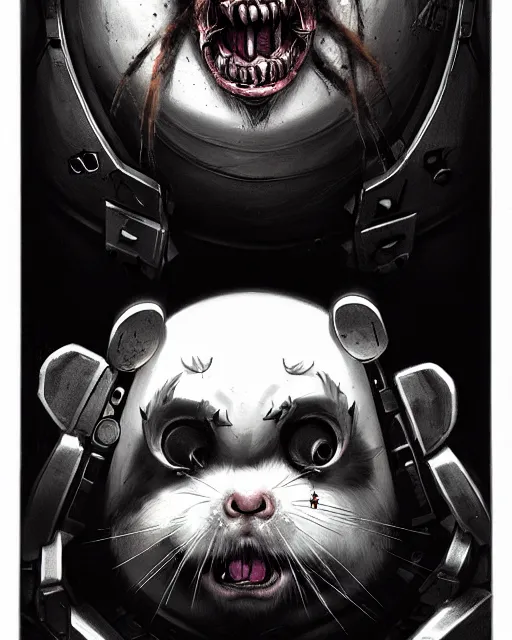 Image similar to wrecking ball the hamster from overwatch, with an evil and crazy look inn her eyes, character portrait, portrait, close up, concept art, intricate details, highly detailed, horror poster, horror, vintage horror art, realistic, terrifying, in the style of michael whelan, beksinski, and gustave dore