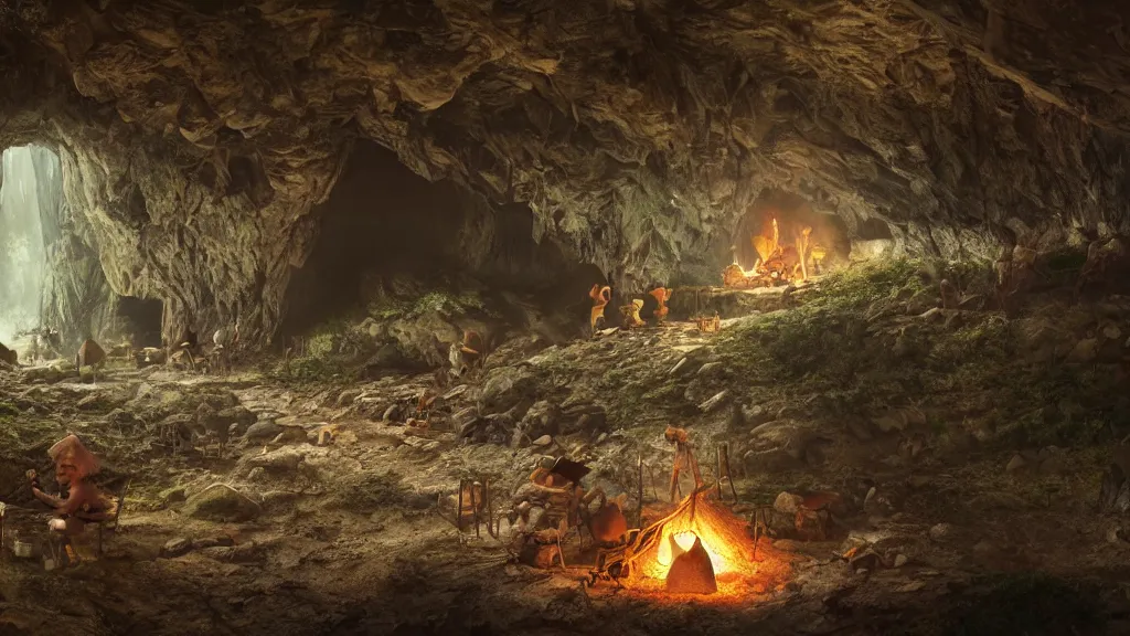 Prompt: A goblin camp inside a cave, campfire, cinematic lighting, photorealistic, hyperdetailed 3D matte painting, hyperrealism, hyperrealistic, 8k ultraHD octane render