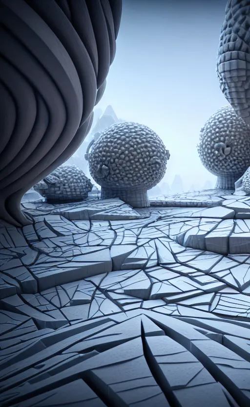 Image similar to highly detailed 3 d render cinematic composition of a white fractal sci - fi architecture landscape, surreal, stone, magnesium, archviz, vincent callebaut composition, mamou - mani, beautiful lighting, hyper detailed, 8 k, unreal engine, hdr, dof
