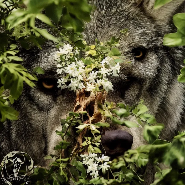 Image similar to overgrown foliage taking over a realistic furry wolf skull, close - up, 3 5 mm, f 1. 8, bokeh, beautiful, lens flare, emotional, sweet, flowers, detailed, picture, trending on artstation, award - winning, shiny, golden