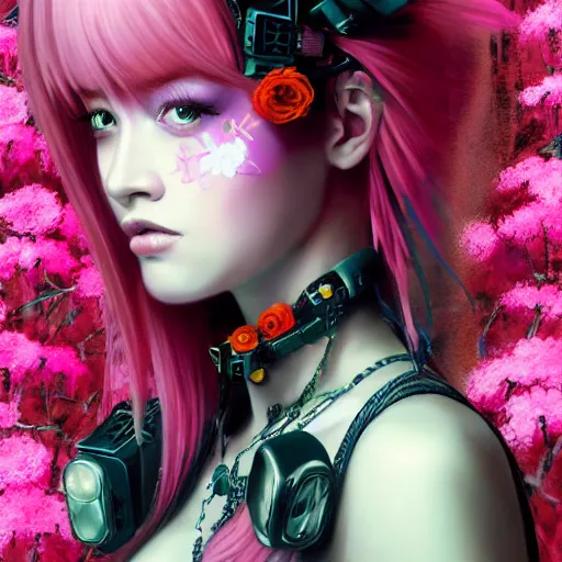 Image similar to a portrait of a woman with pink hair surrounded by flowers, cyberpunk art by otomo katsuhiro and mark ryden, cgsociety, computer art, circuitry, dystopian art, academic art insanely quality, highly detailed, masterpiece, red light, artstation, 4 k