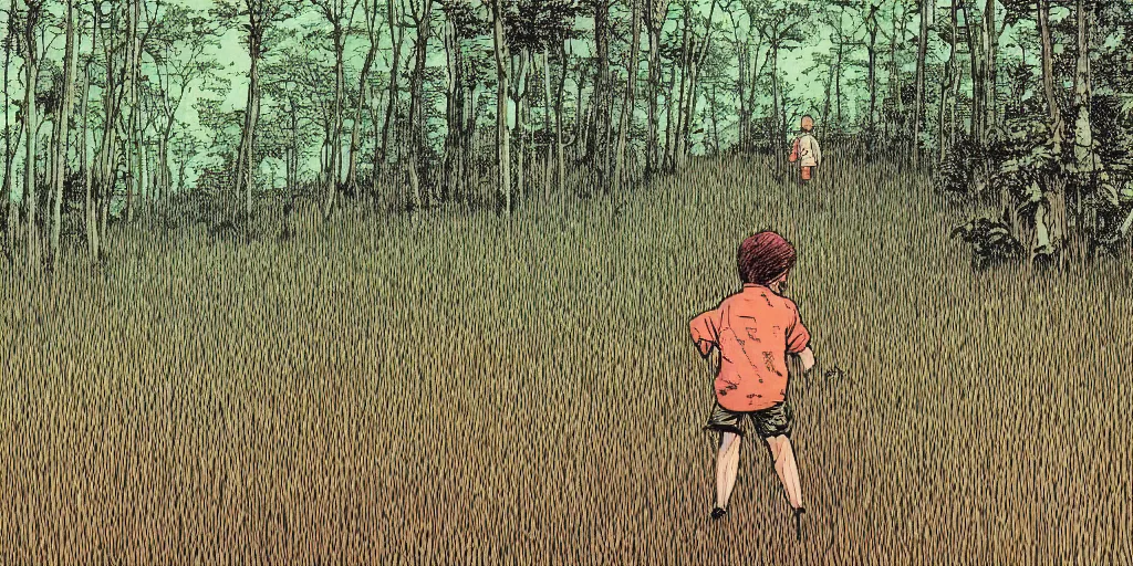Prompt: perspective view of a young boy walking in a field of high grass facing a huge mysterious and ominious forest, very graphic illustration by katsuhiro otomo and jean giraud, drawing, yoshitaka amano vibe, clean line, colorful comics style
