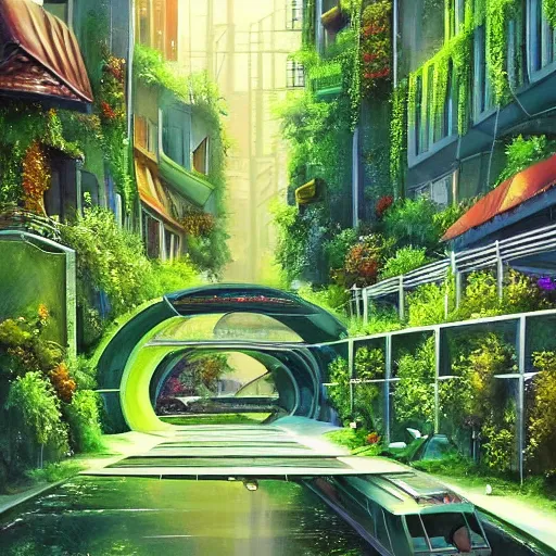 Prompt: Narrow cosy waterway in beautiful green futuristic sci-fi city in harmony with nature. Nice colour scheme, soft warm colour. Beautiful detailed painting by Lurid. (2022)