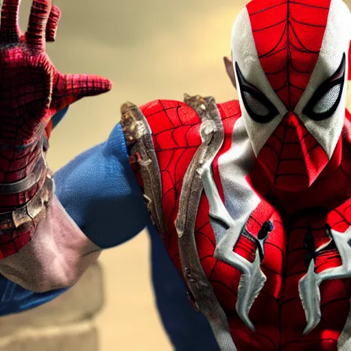 Prompt: kratos from god of war giving a high five to spiderman