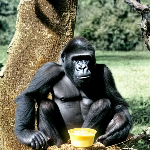 Image similar to A gorilla playing chess while eating pudding in a tree, On the television show Baywatch