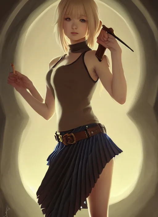 Image similar to portrait of a full body of beautiful young female detective, d & d, sleeveless turtleneck, pleated skirt, fantasy, flat lighting, intricate, highly detailed, digital painting, artstation, concept art, smooth, sharp focus, illustration, misa amane, art by simon bisley and greg rutkowski and alphonse mucha, natural tpose