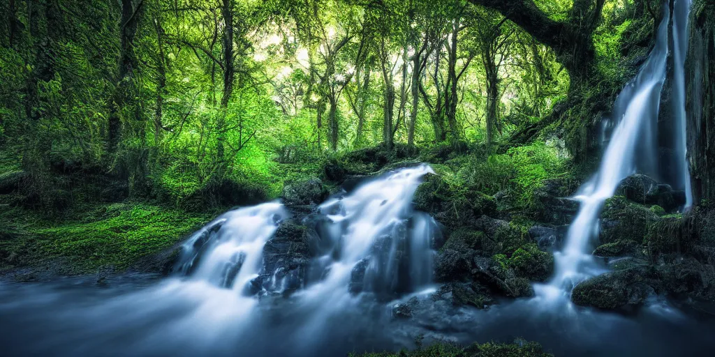 Image similar to a secret glade with waterfall, cinematic lighting, wide angle landscape photography, hyperrealistic, 8k