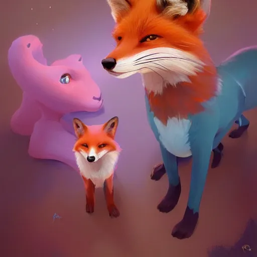 Image similar to painted portrait of a family portrait of foxes, fantastically pastel colors, octane render, matte painting concept art, official fanart behance hd artstation by jesper elsing, by rhads and makoto shinkai and lois van baarle and ilya kuvshinov and rossdraws