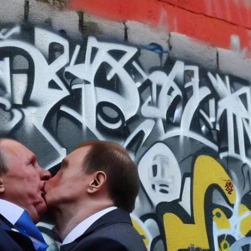 Prompt: Putin and Lavrov kissing, kiss on the Berlin wall, graffiti, 8k