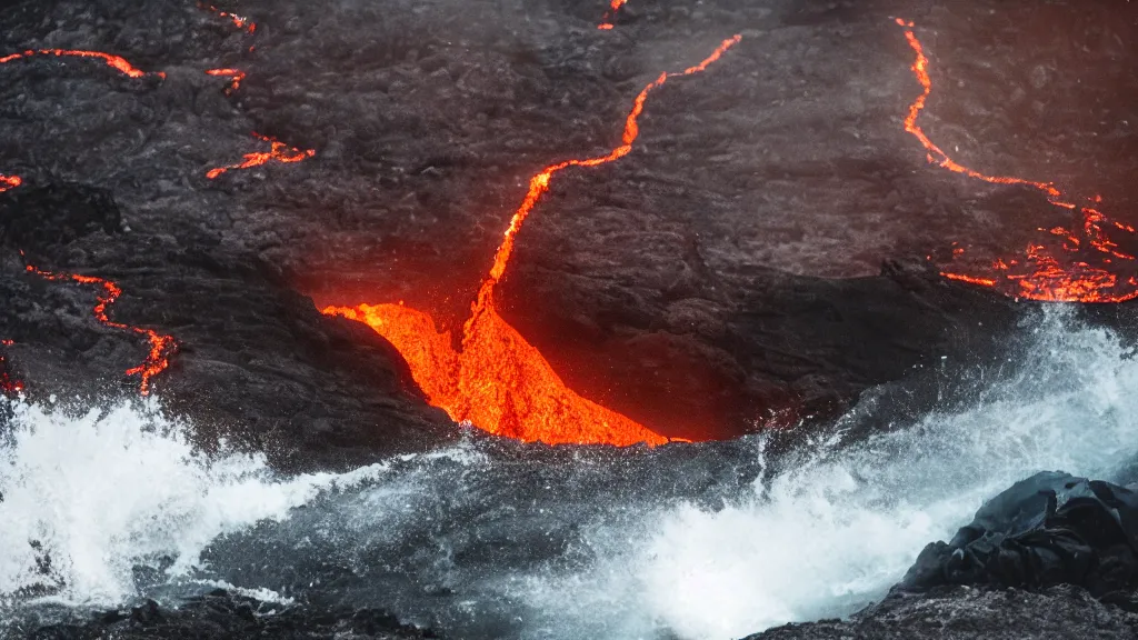 Image similar to person in armor surfing down a river of lava on the side of a volcano on surfboard, action shot, dystopian, thick black smoke and fire, motion blur, sharp focus, cinematic, tilt shift lens