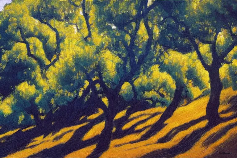 Image similar to masterpiece painting of oak trees on a hillside overlooking a creek, dramatic lighting, by giacomo balla