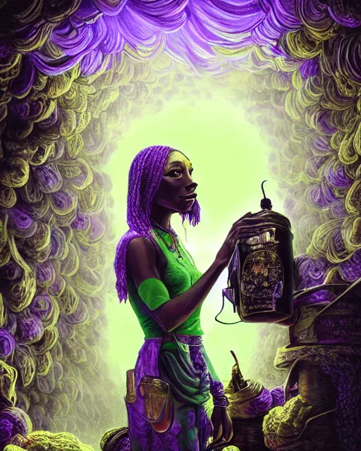 Image similar to snopp dogg holding pounds of weed turkey bags, accurate details, detailed face, purple liquid in cup glowing, fantasy, dramatic, intricate, elegant, highly detailed, digital painting, artstation, concept art, smooth, sharp focus, illustration, art by Gustave Dore, octane render