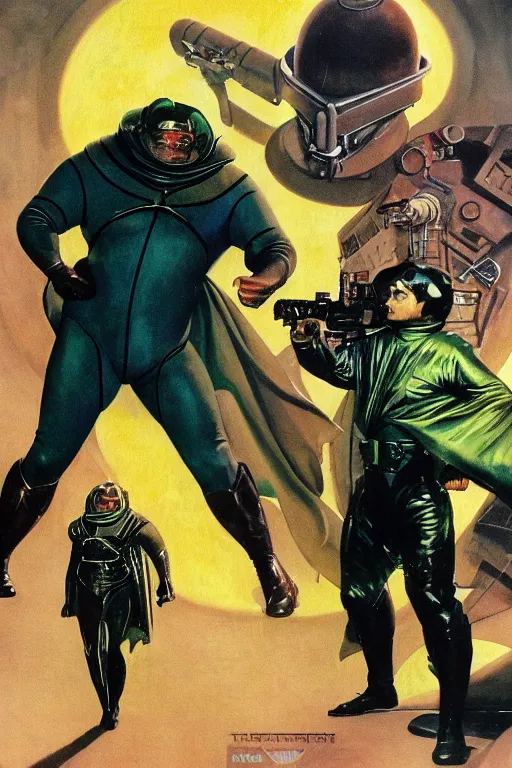 Prompt: dynamic action shot full body and head portrait of actor Kenneth McMillan as superhero baron harkonnen wearing ragged leather spacesuit and shooting laser beam from ray gun in dystopian science fiction palace, painted by norman rockwell and phil hale and greg staples and tom lovell and frank schoonover and jack kirby, dune 1982 movie