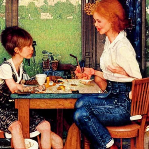 Prompt: Nicole Kidman and Judi Bowker sitting at a table eating soup::artist is Norman Rockwell