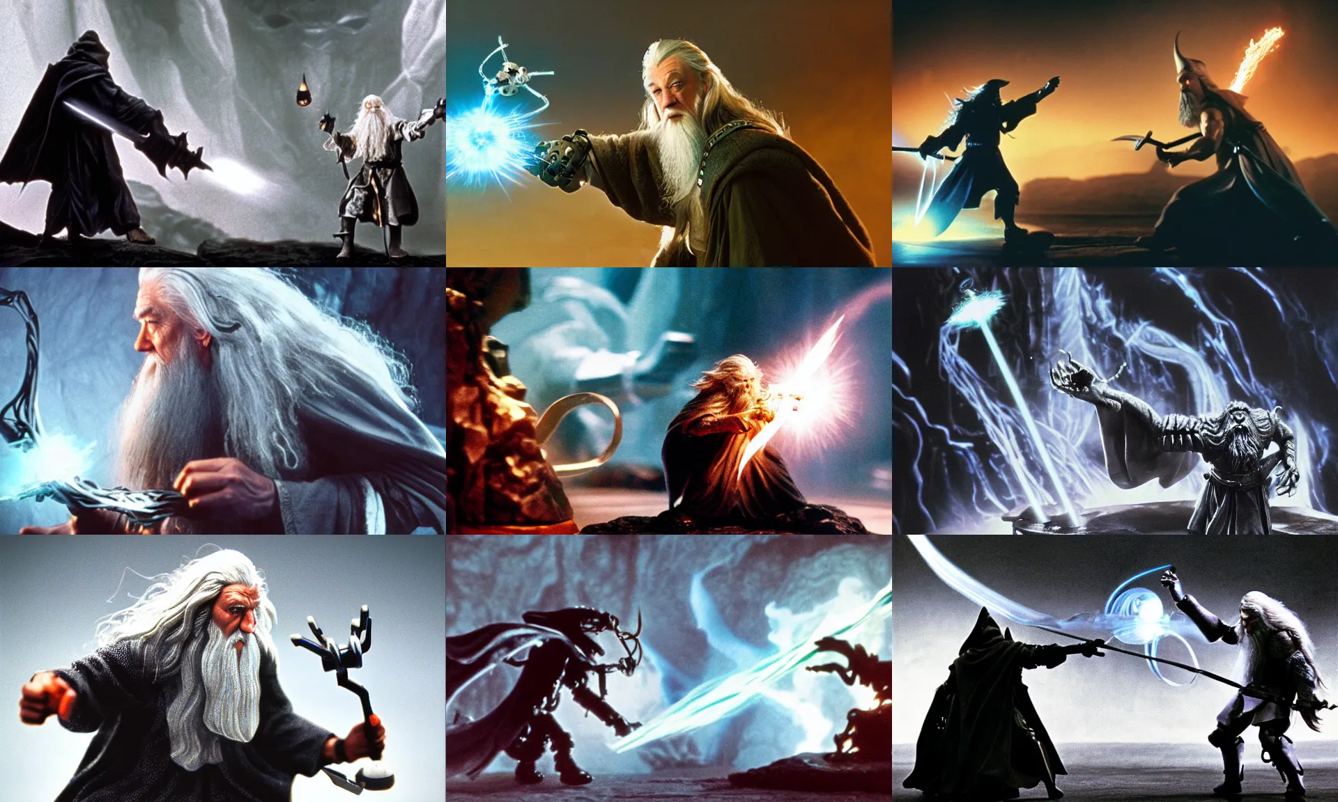 Prompt: gandalf with cybernetic robotic arm battling a balrog 3 5 mm photograph