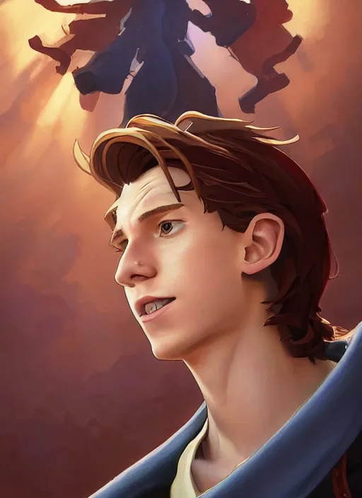 Image similar to skinny young tom holland as jim hawkins from treasure planet, dynamic lighting, path traced, atmospheric, highly detailed, high quality, beautiful painting, octane render, don bluth, ross tran, studio ghibli, alphonse mucha, jama jurabaev, extremely detailed, brush strokes, artstation, artgerm