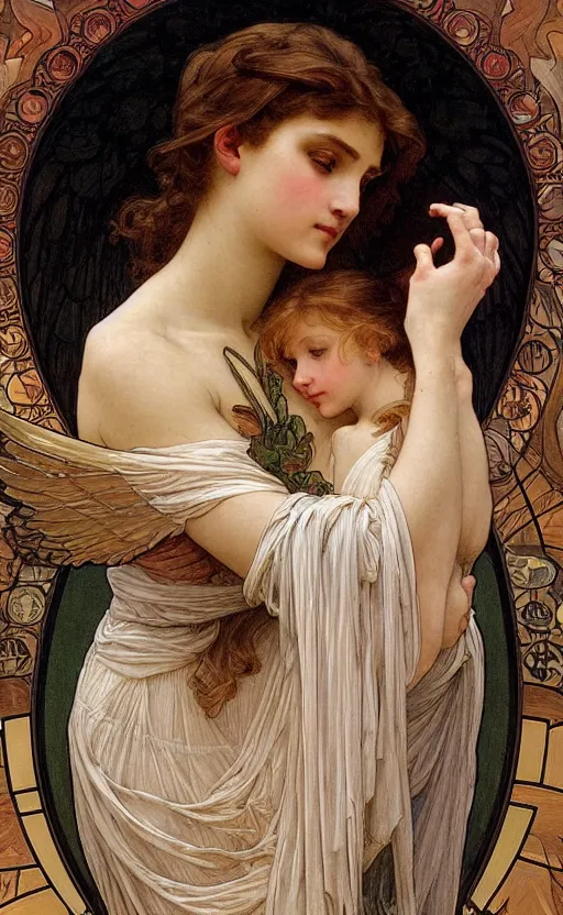 Image similar to portrait of a beautiful angel, intricate, elegant, hyperdetailed by alphonse mucha and william - adolphe bouguereau and john william waterhouse