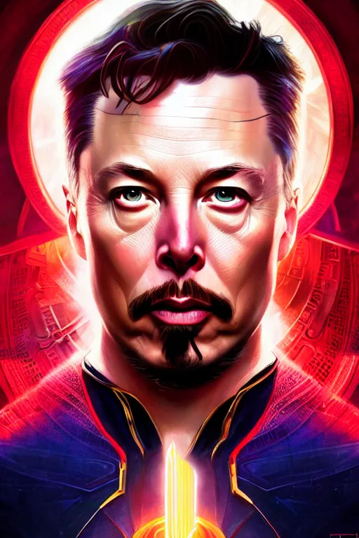 Image similar to elon musk as dr strange, realistic portrait, symmetrical, highly detailed, digital painting, artstation, concept art, smooth, sharp focus, illustration, cinematic lighting, art by artgerm and greg rutkowski and alphonse mucha