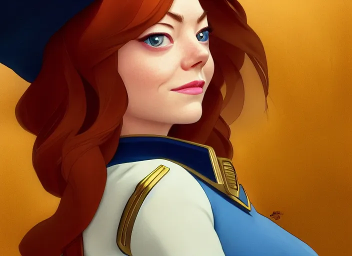 Image similar to a disney film still of emma stone as a star trek officer, finely detailed features, closeup of the face, perfect art, dusk, blue hour, gapmoe yandere grimdark, trending on pixiv fanbox, painted by greg rutkowski, makoto shinkai, takashi takeuchi, alphonse mucha, akihiko yoshida